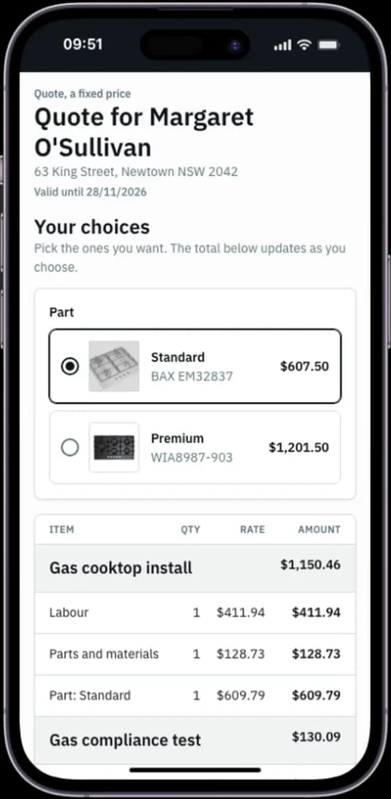 A customer's phone showing a quote with a choice of two cooktops, Standard and Premium, with the total updating as they pick